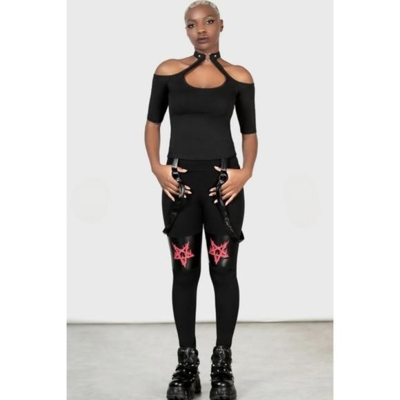 Killstar Pants - Killstar Bloodpact Leggings – Black Cotton Blend, Red Pentagram Print, Straps